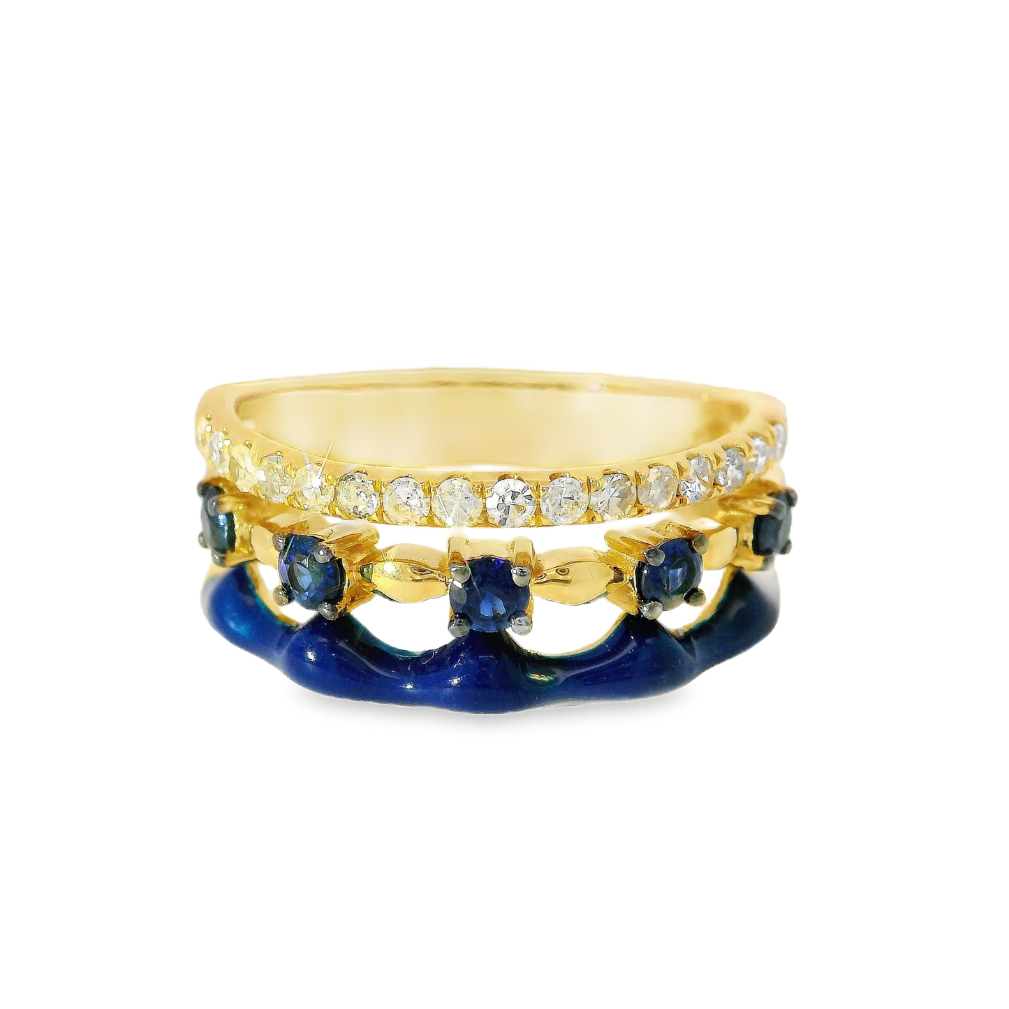 0.24CT Diamond and 0.34CT Blue Sapphire with Blue Enamel Ring 14K Yellow Gold