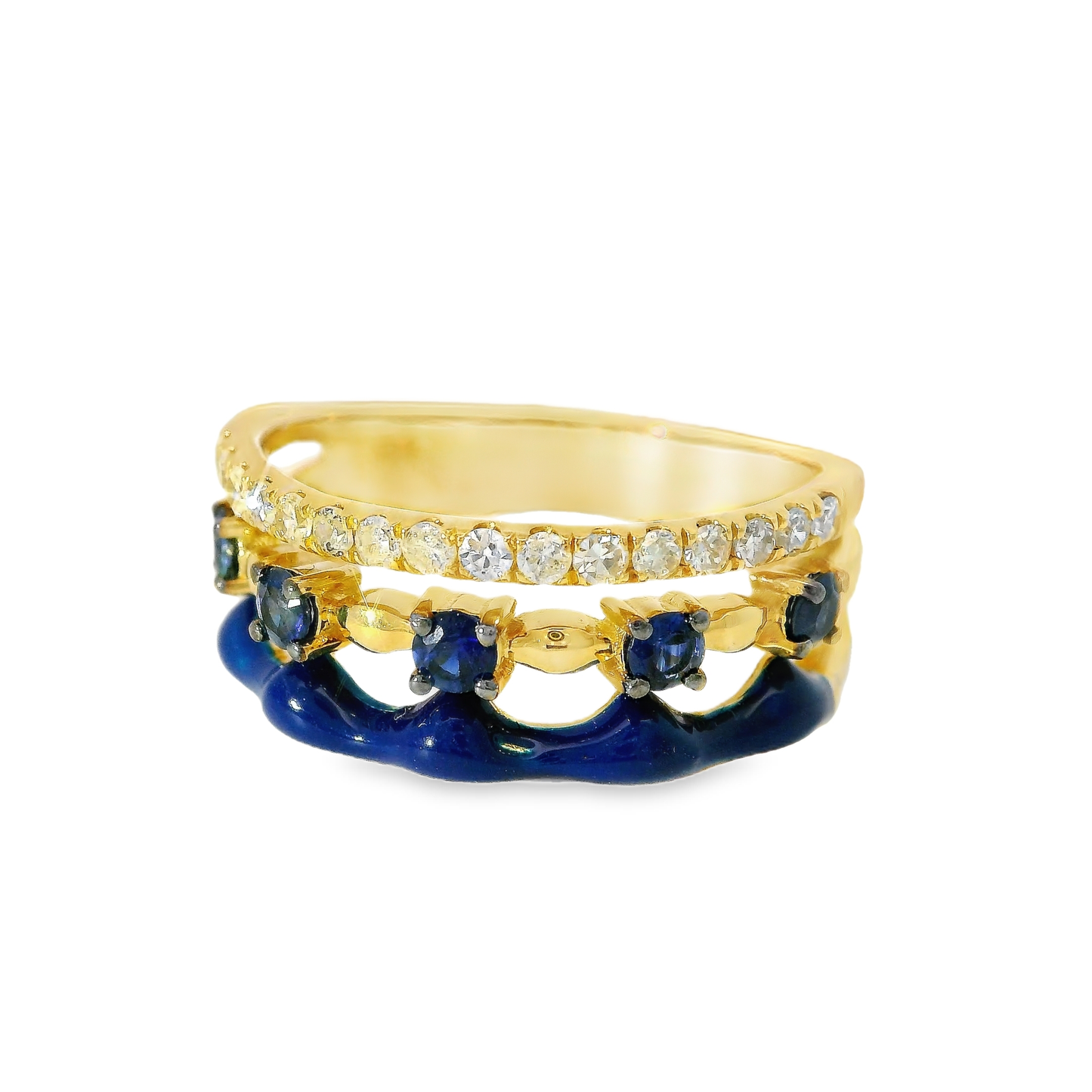 0.24CT Diamond and 0.34CT Blue Sapphire with Blue Enamel Ring 14K Yellow Gold