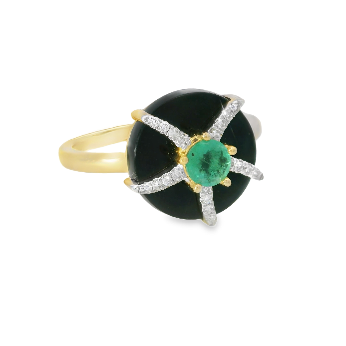 0.08 CT Diamond and 0.23CT Emerald with Black Agate Ring 14K Yellow Gold