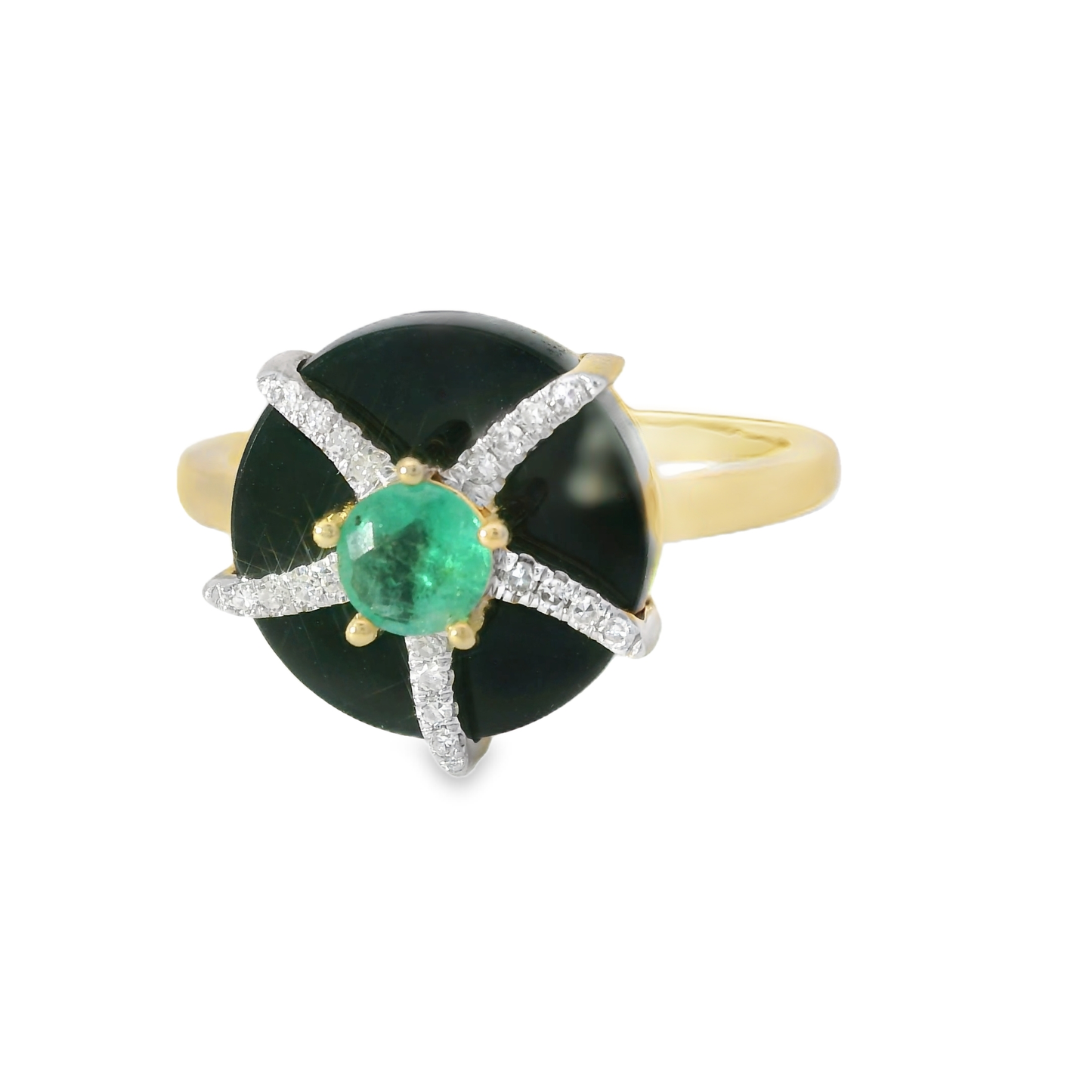 0.08 CT Diamond and 0.23CT Emerald with Black Agate Ring 14K Yellow Gold