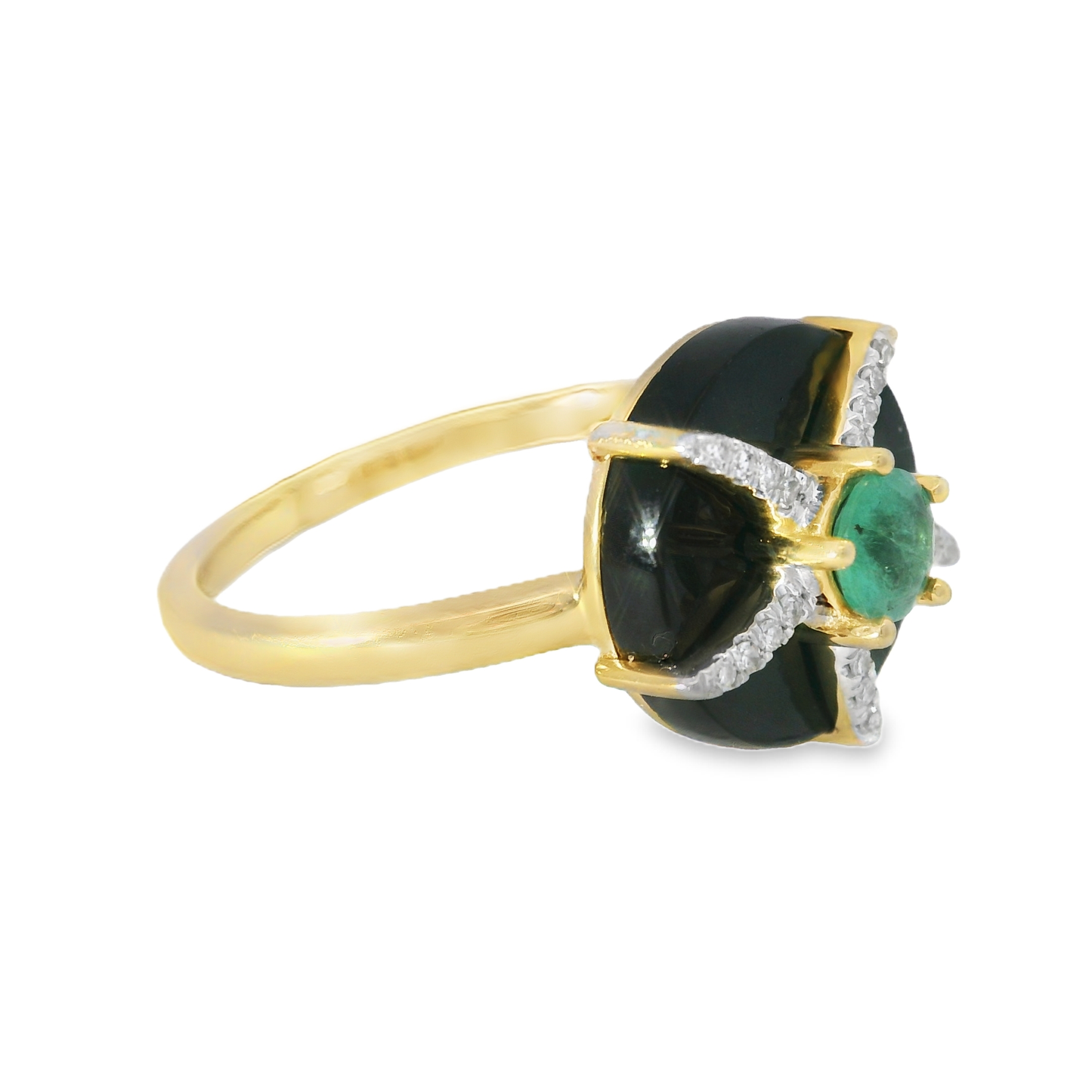 0.08 CT Diamond and 0.23CT Emerald with Black Agate Ring 14K Yellow Gold