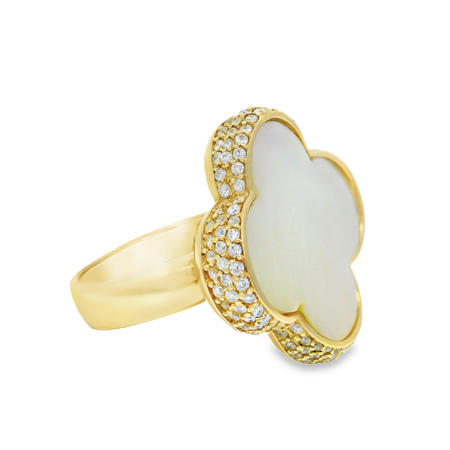 0.77CT Diamonds with Mother of Pearl Clover Ring 14K Yellow Gold