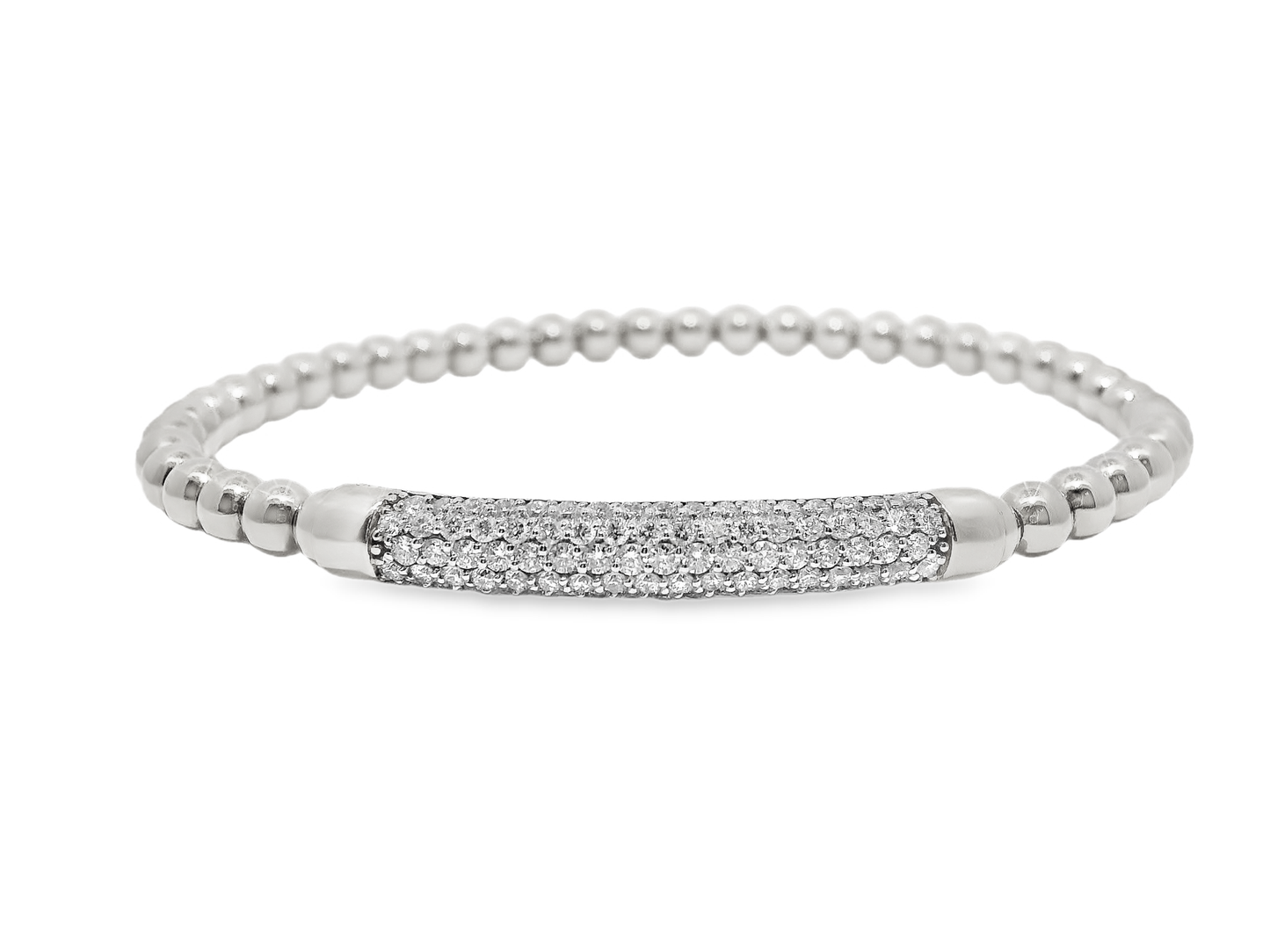 1.08CT Diamond ID Plain Beads Stretch Bangle 14k Gold