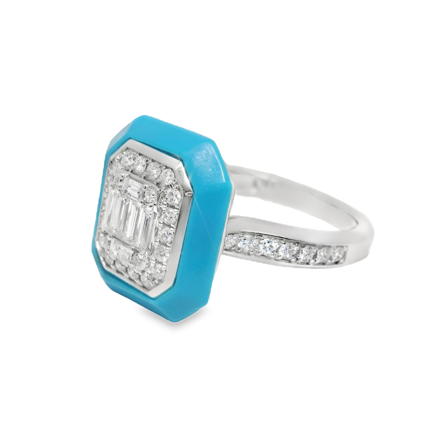 0.59CT Turquoise & Diamond Ring 14k White Gold