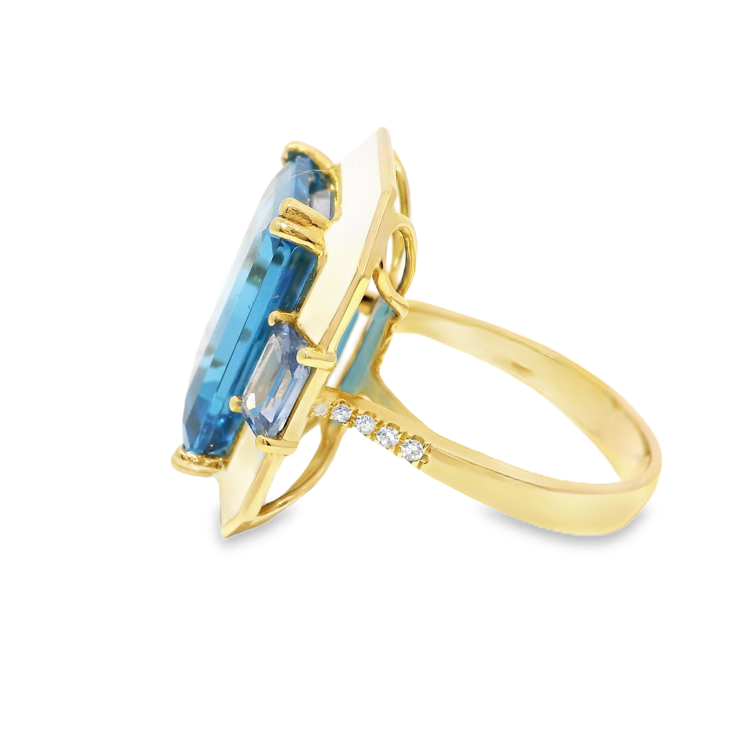 0.06CT Diamond 14.50CT London Blue and Blue Topaz Ring 14k Yellow Gold