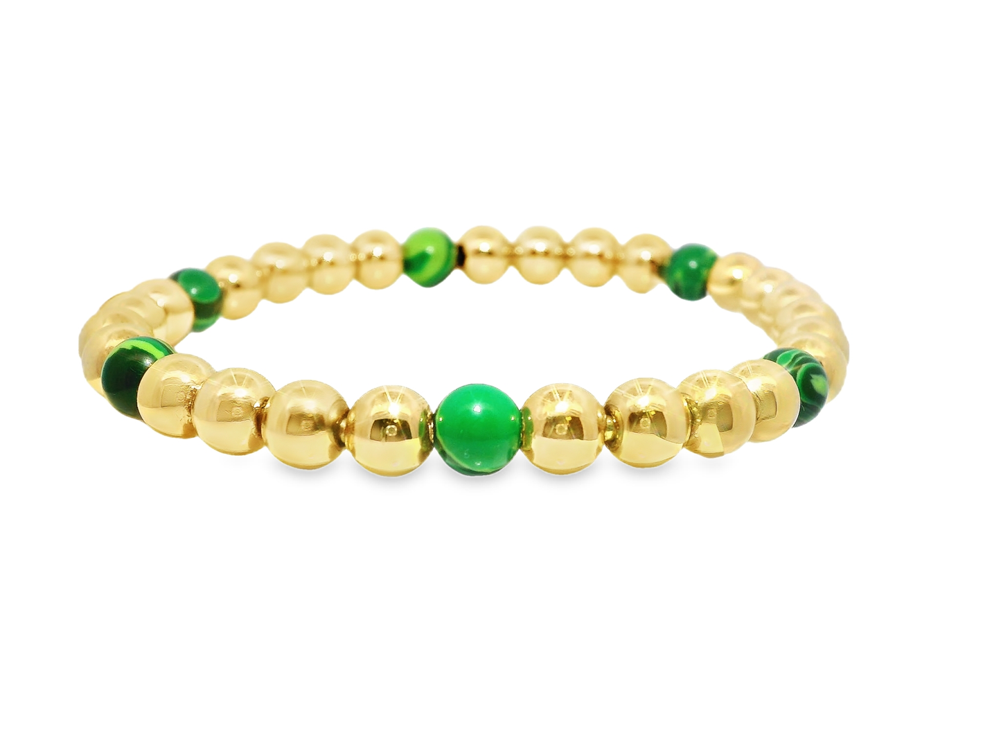 Plain Beaded with Malachite 14k Yellow Gold Bangle