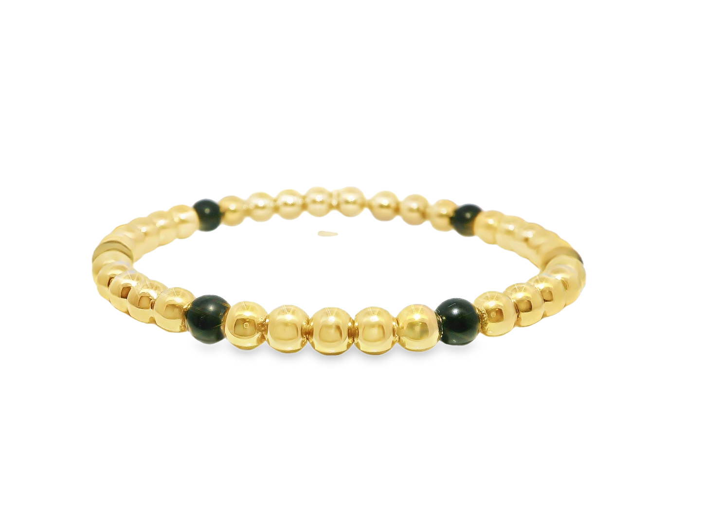 Plain Beaded with Onyx 14k Yellow Gold Bangle