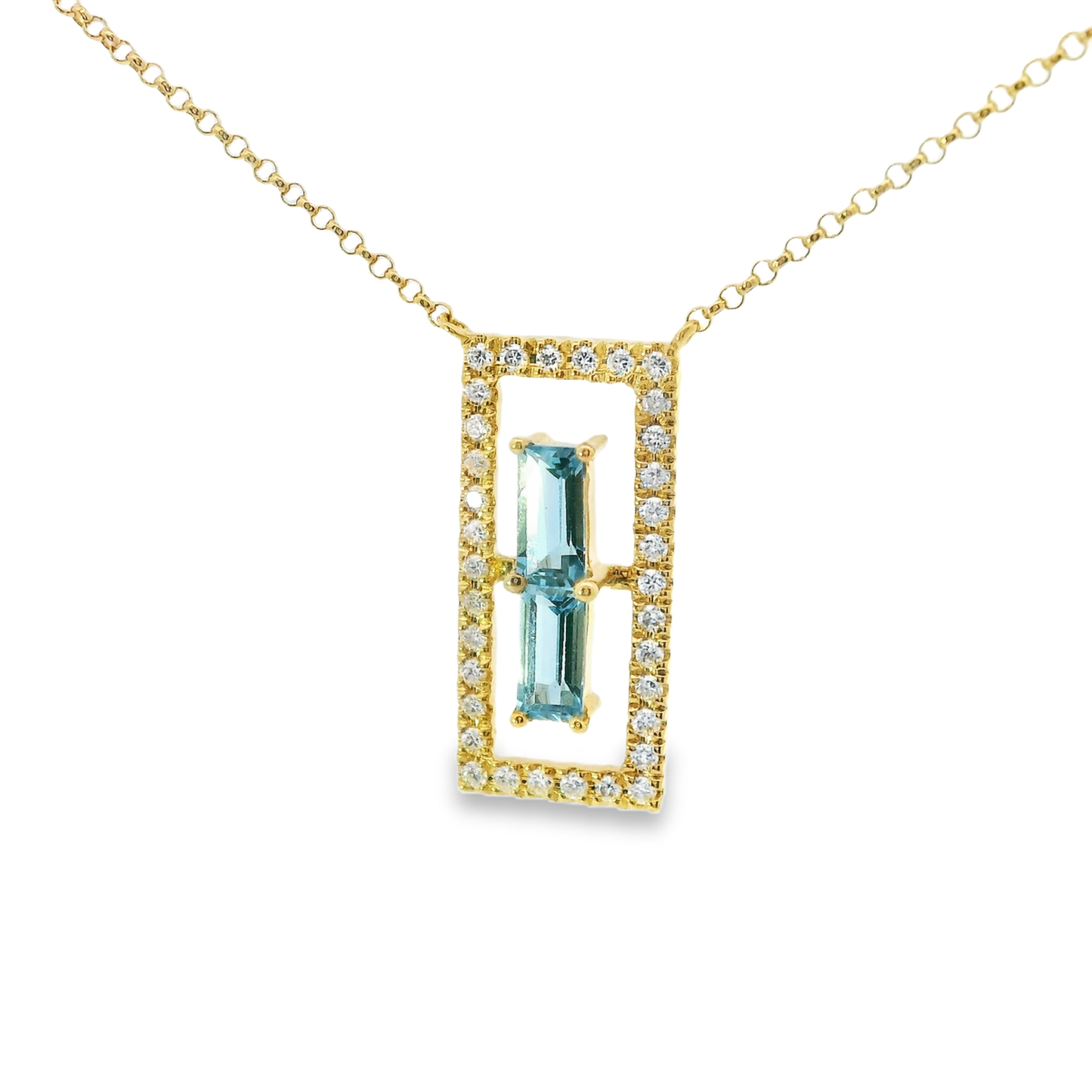 0.23CT Diamond 0.53CT Baguette Blue Topaz Pendant 14k Gold Pendant