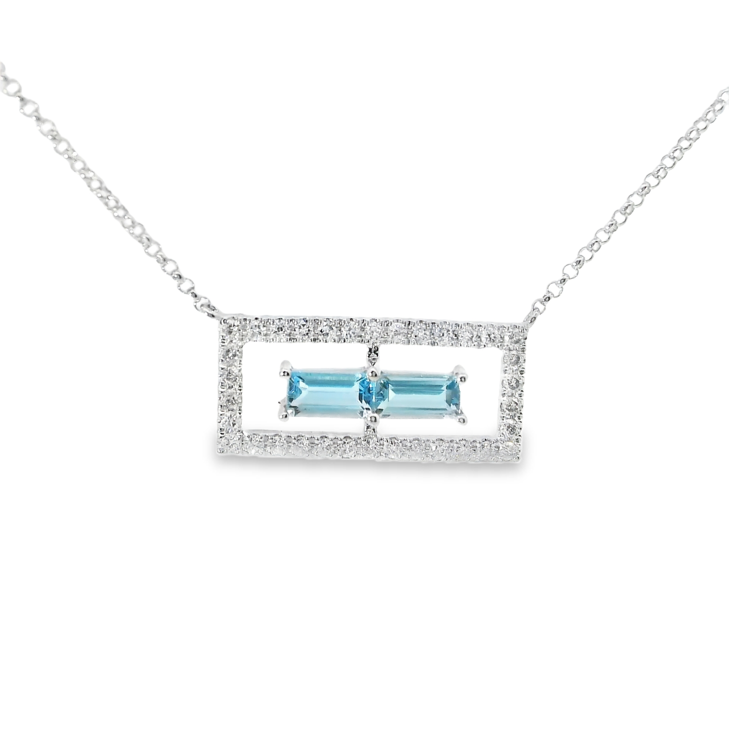 0.23CT Diamond 0.53CT Baguette Blue Topaz Pendant 14k White Gold
