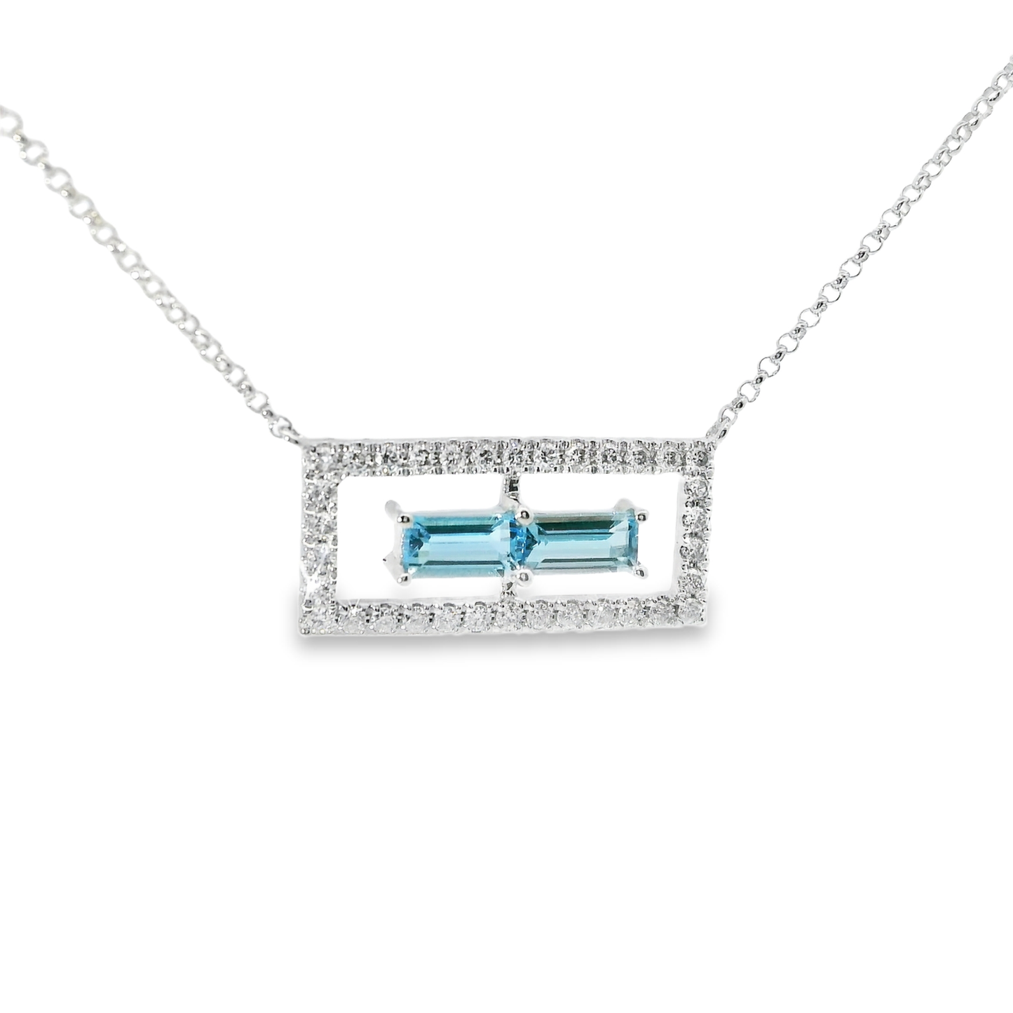 0.23CT Diamond 0.53CT Baguette Blue Topaz Pendant 14k White Gold