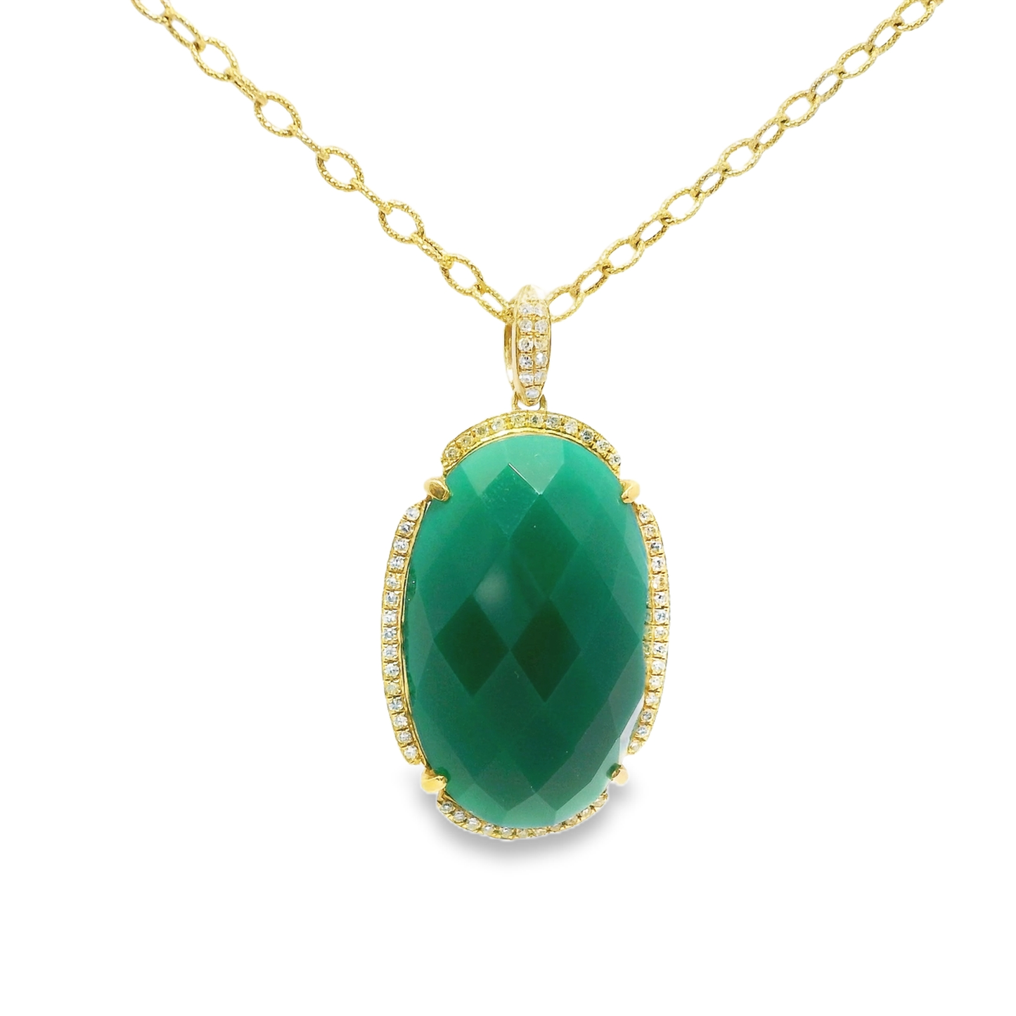 0.28CT Diamond With Green Agate 14k Yellow Gold Pendant