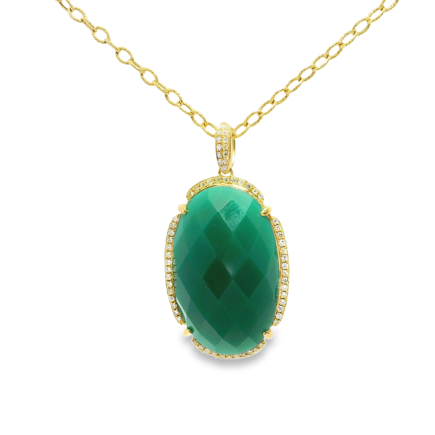 0.28CT Diamond With Green Agate 14k Yellow Gold Pendant
