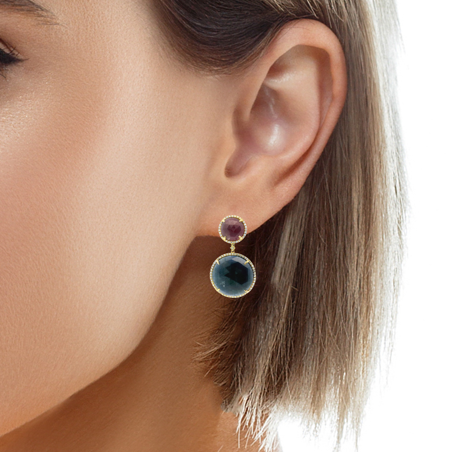 0.80CT Diamond with Ruby & Blue Sapphire 14k Yellow Gold Earring