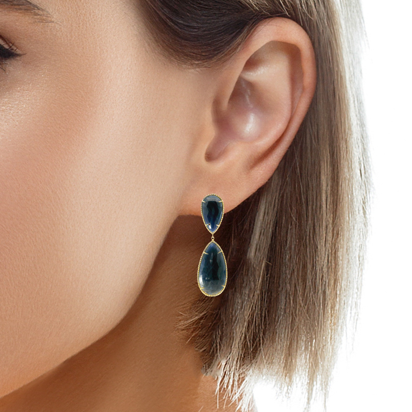1.10CT Diamond with Blue Sapphire 14k Yellow Gold Earring