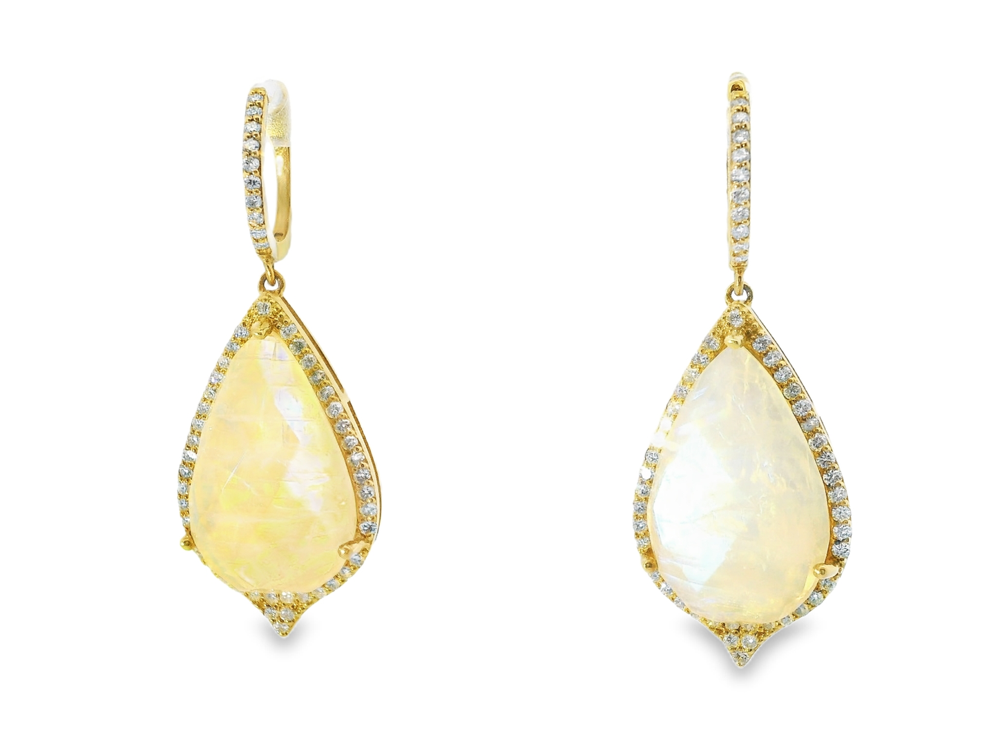 1.10CT Diamond with Faceted Rain Moon 14k Yellow Gold Earring