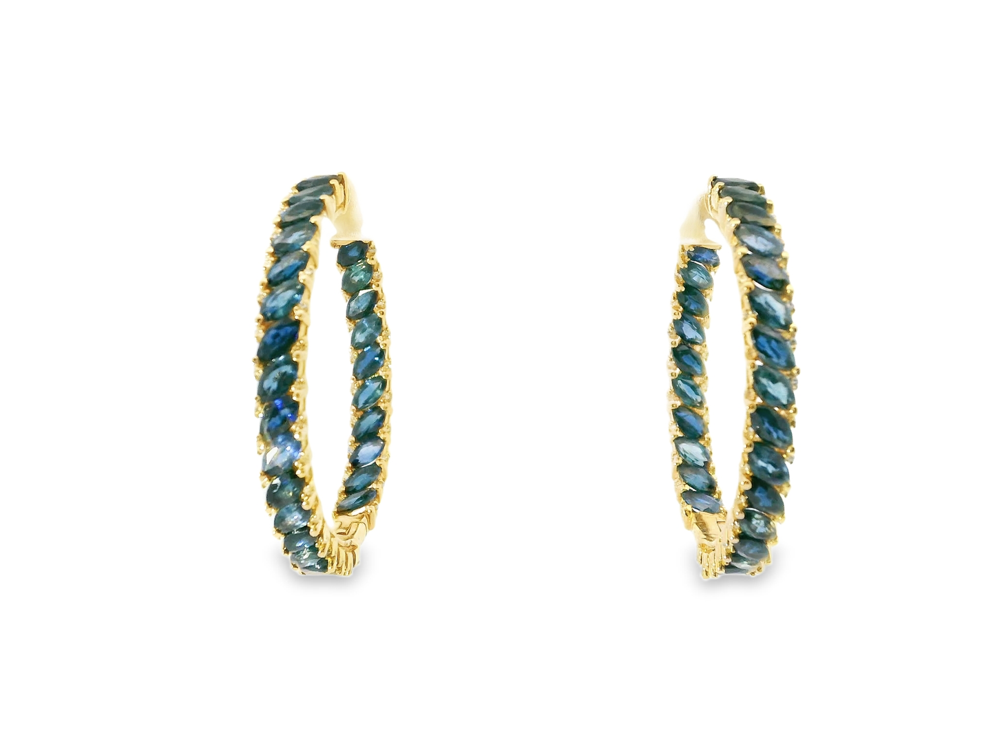 0.36CT Diamond 10.31CT Blue Sapphire HOOP 14k Yellow Gold Earring