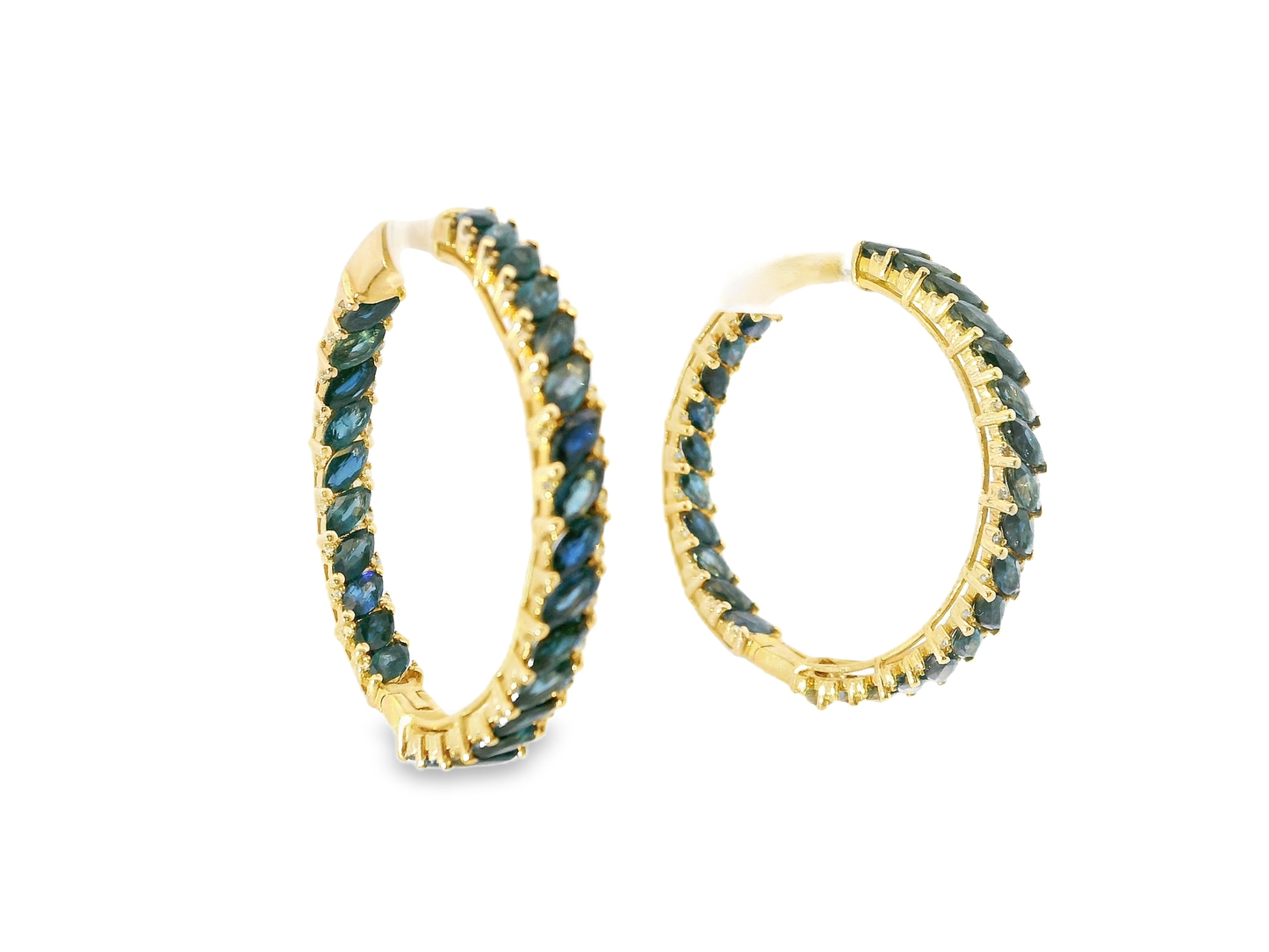 0.36CT Diamond 10.31CT Blue Sapphire HOOP 14k Yellow Gold Earring