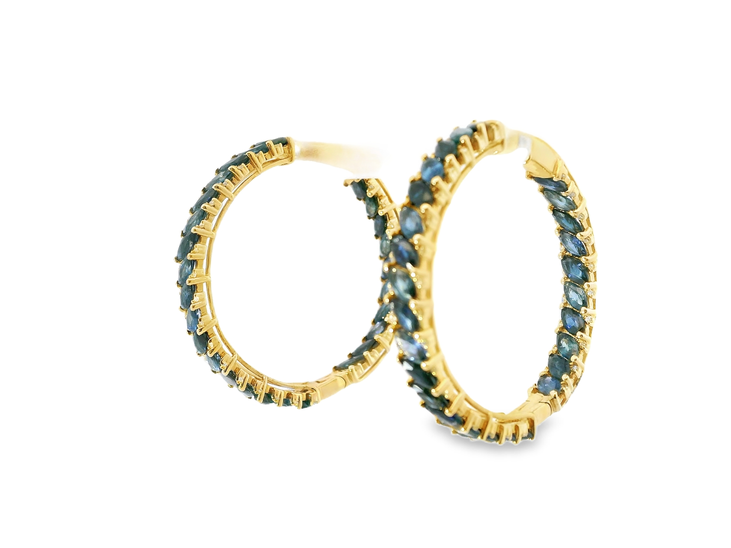 0.36CT Diamond 10.31CT Blue Sapphire HOOP 14k Yellow Gold Earring