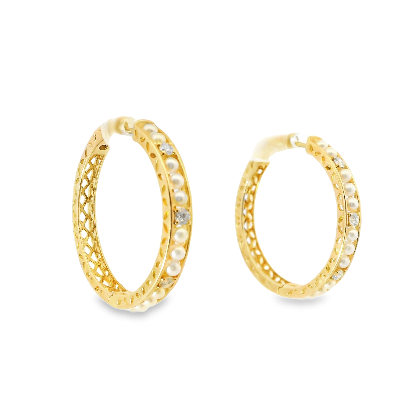 0.33CT Diamond HOOP 14k Yellow Gold Pearl Earring