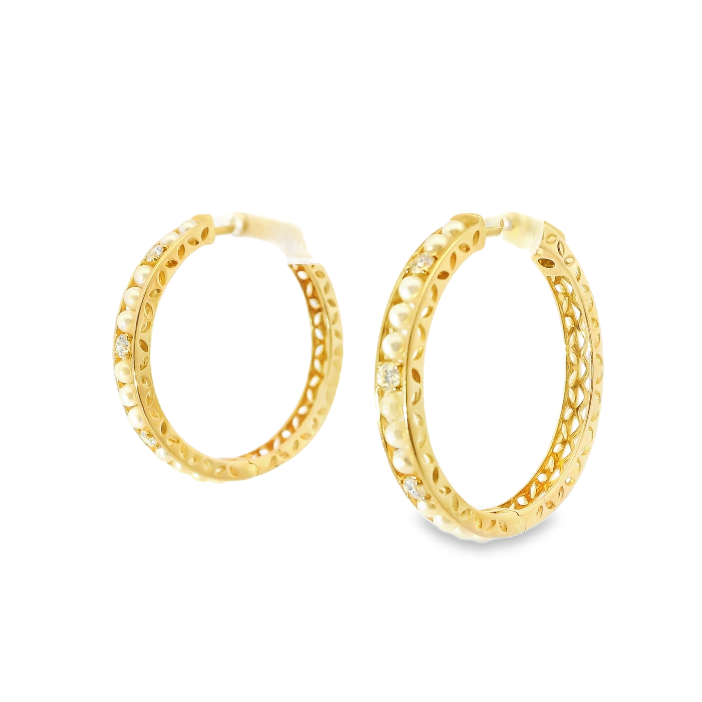 0.33CT Diamond HOOP 14k Yellow Gold Pearl Earring