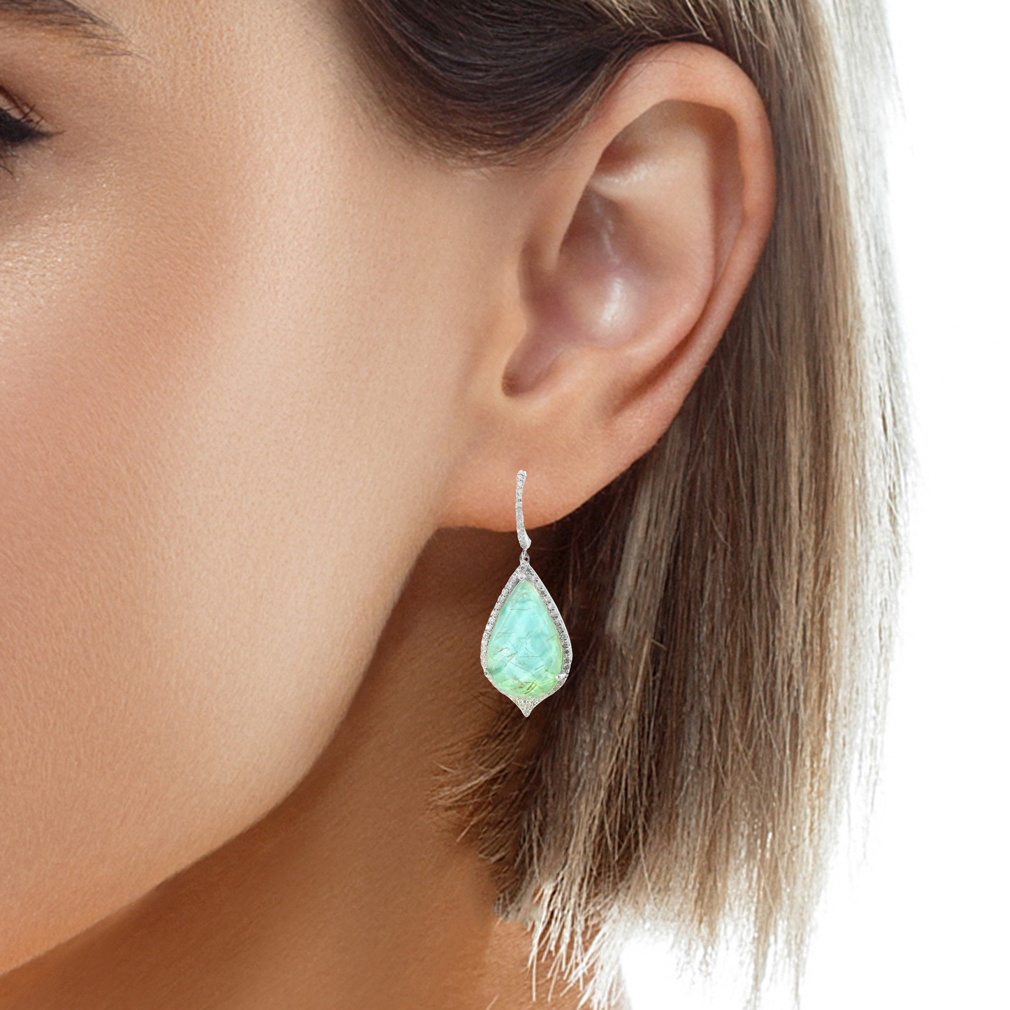 0.96CT Diamond with Turquoise Stone 14k White Gold Earring