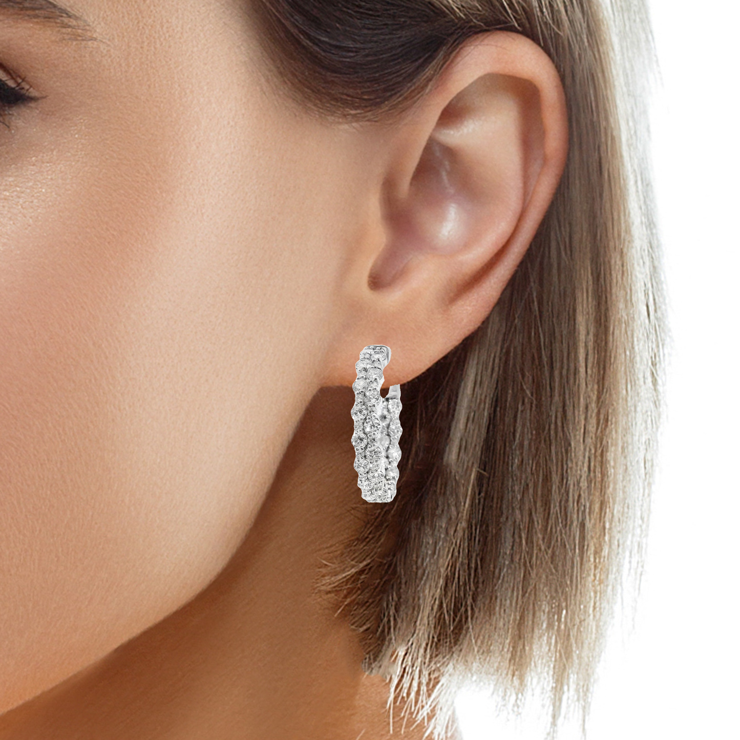 3.02CT Diamond Hoop Earrings 14k White Gold