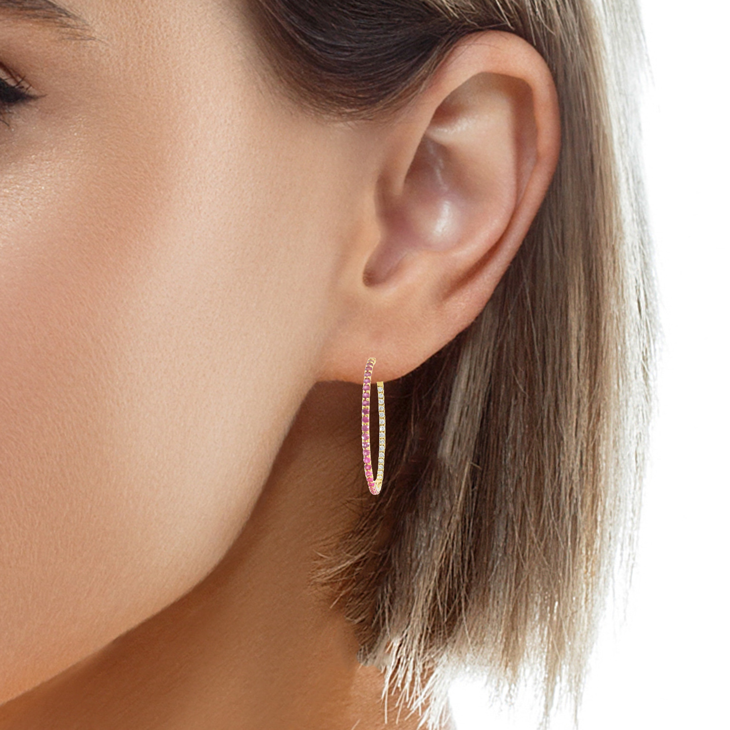 0.81CT Diamond 1.87CT Pink Sapphire HOOP 14k Yellow Gold Earring