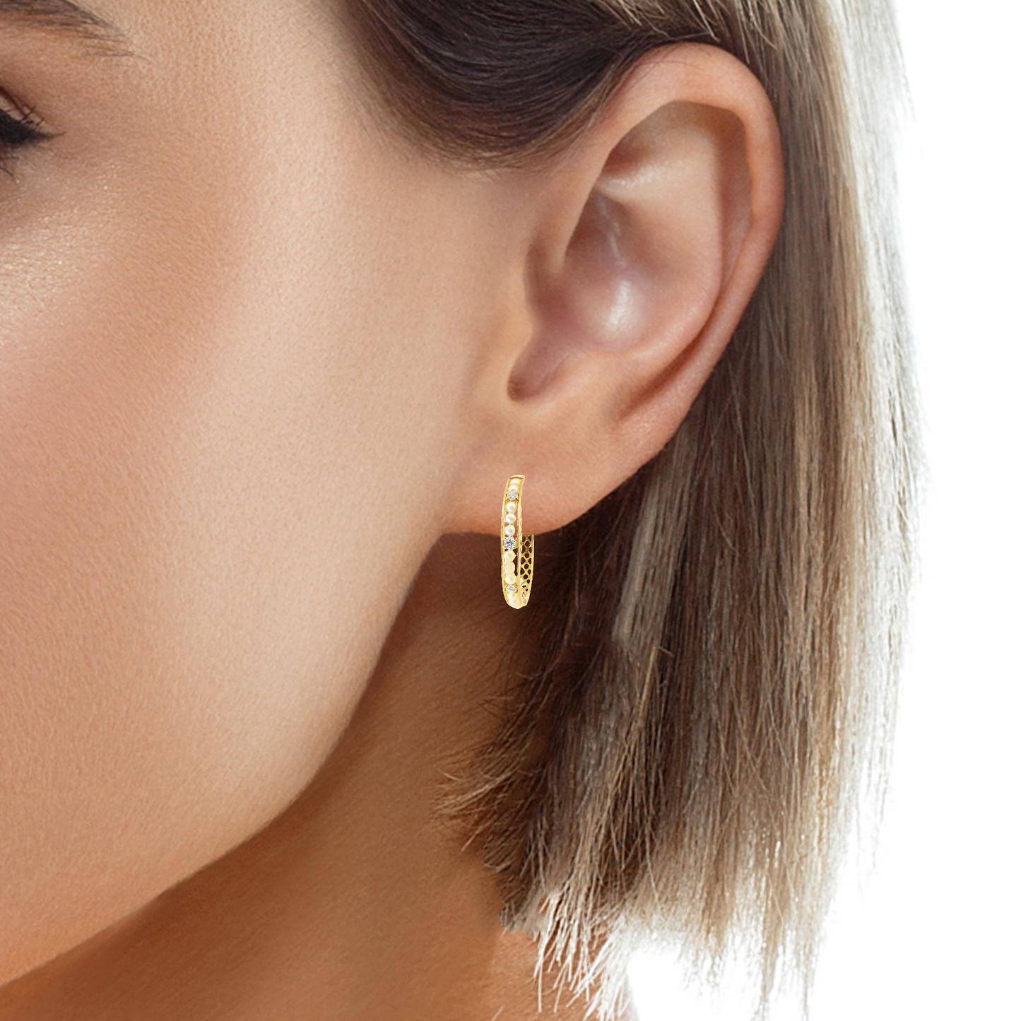 0.33CT Diamond HOOP 14k Yellow Gold Pearl Earring