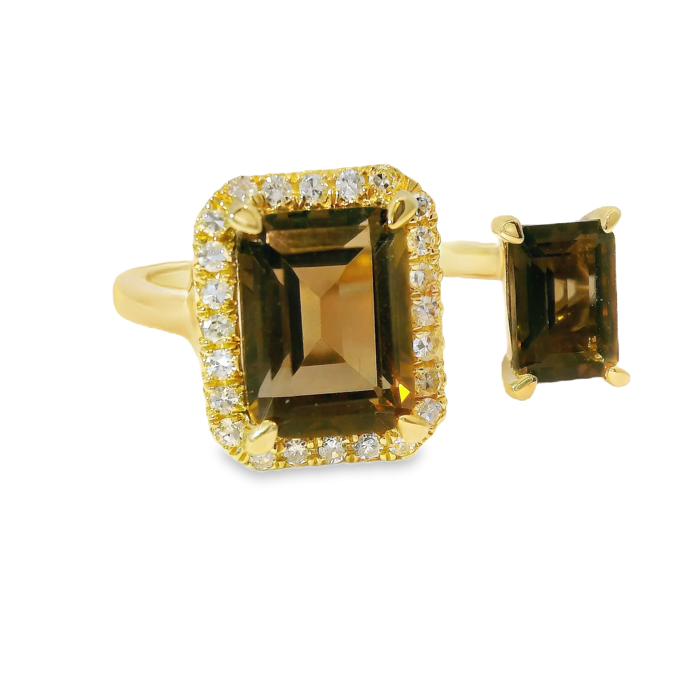 0.12CT Diamond and 2.16CT Emerald Cut Smokey Quartz Ring 14K Yellow Gold