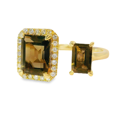 0.12CT Diamond and 2.16CT Emerald Cut Smokey Quartz Ring 14K Yellow Gold