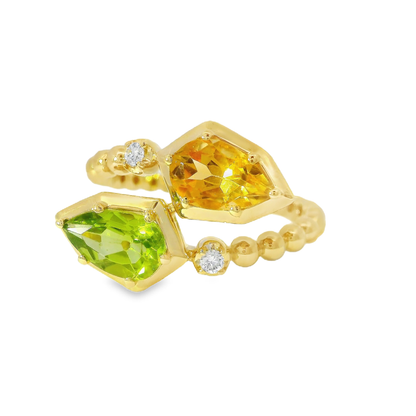 0.05CT Diamond and 1.75CT Green Peridot and Citrine Ring 14K Yellow Gold