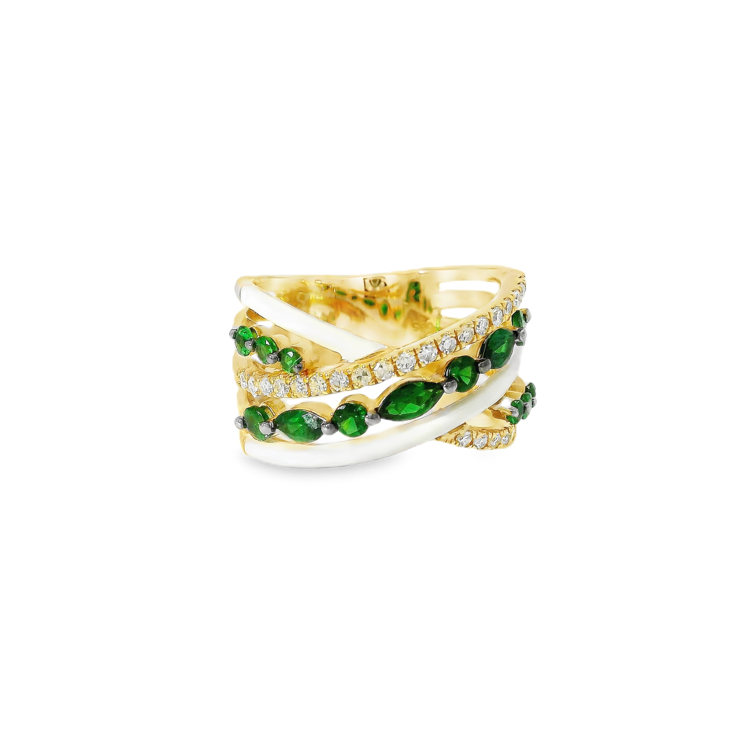 0.26CT Diamond and 0.99CT Green Garnet with White Enamel 14K Yellow Gold