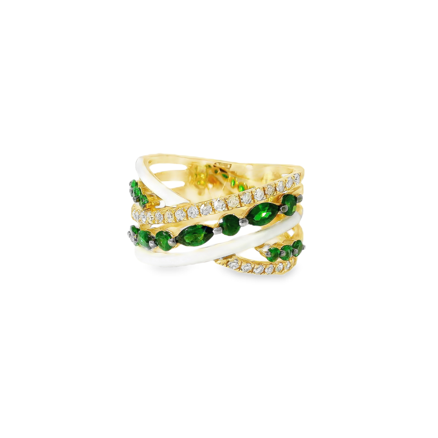 0.26CT Diamond and 0.99CT Green Garnet with White Enamel 14K Yellow Gold