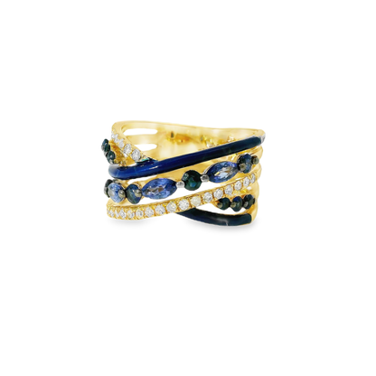 0.26CT Diamond and 1.30CT Blue Sapphire with Blue Enamel 14K Yellow Gold