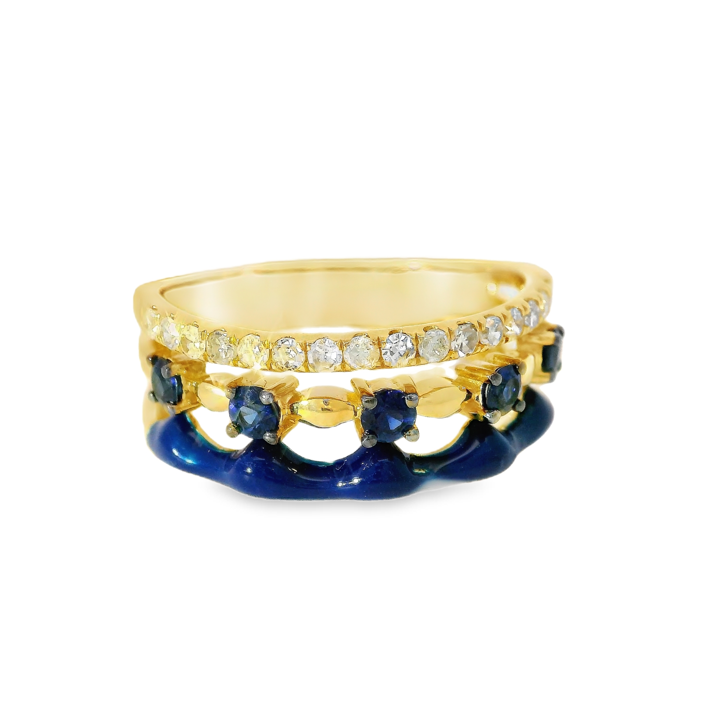 0.24CT Diamond and 0.34CT Blue Sapphire with Blue Enamel Ring 14K Yellow Gold