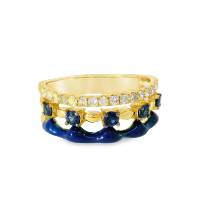 0.24CT Diamond and 0.34CT Blue Sapphire with Blue Enamel Ring 14K Yellow Gold