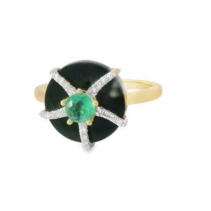 0.08 CT Diamond  and 0.23CT Emerald with Black Agate Ring 14K Yellow Gold