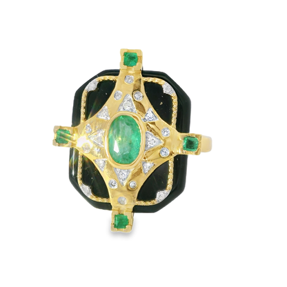 0.10CT Diamond and 0.16CT Ruby with Black Agate Ring 14K Yellow Gold
