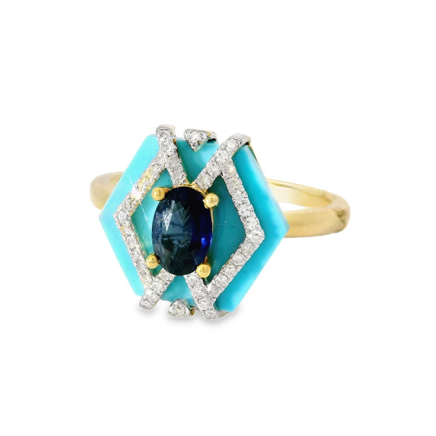 0.14 CT Diamond with 0.4 8CT Blue Sapphire with Turquoise Agate Ring 14K Yellow Gold