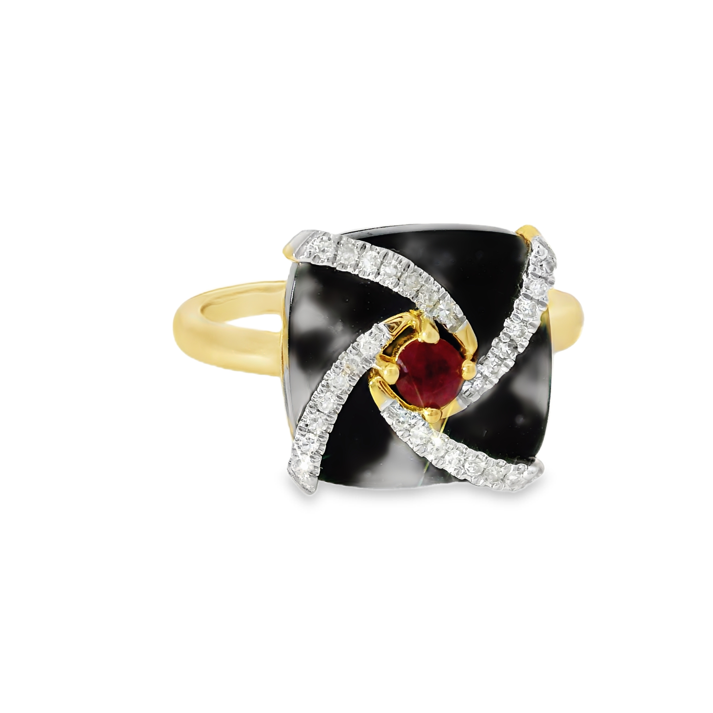 0.10CT Diamond and 0.16CT Pink Sapphire with Black Agate Ring 14K Yellow Gold