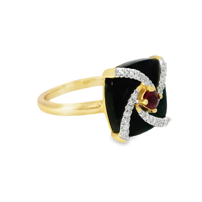0.10CT Diamond and 0.16CT Pink Sapphire with Black Agate Ring 14K Yellow Gold