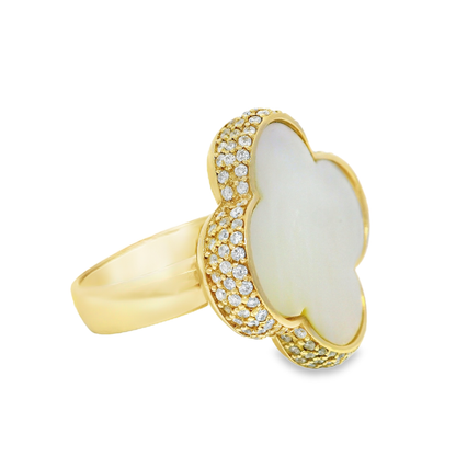0.77CT Diamonds with Mother of Pearl Clover Ring 14K Yellow Gold