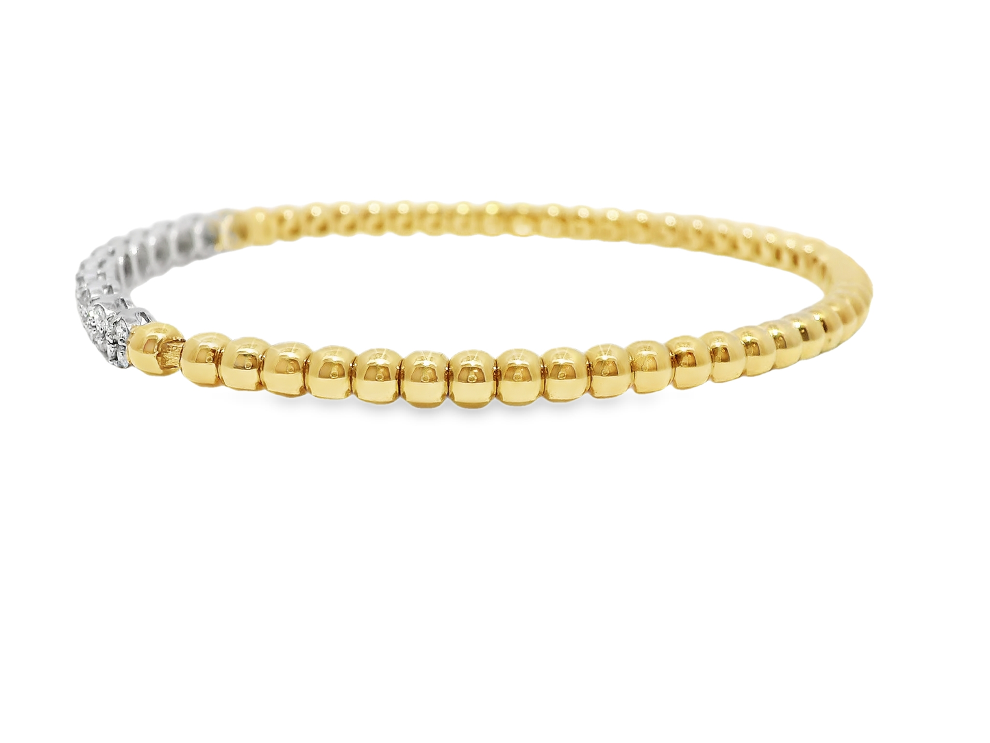 0.60CT Diamond 4 Stone Cluster ID Plain Beads Stretch Bangle 14k Yellow Gold