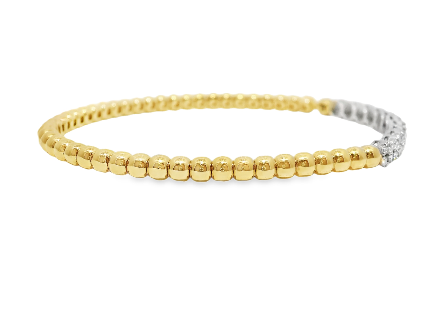 0.60CT Diamond 4 Stone Cluster ID Plain Beads Stretch Bangle 14k Yellow Gold