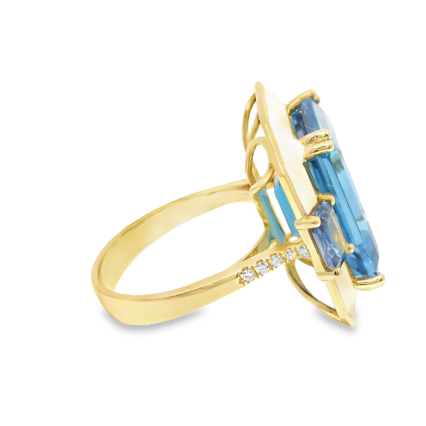 0.06CT Diamond 14.50CT London Blue and Blue Topaz Ring 14k Yellow Gold