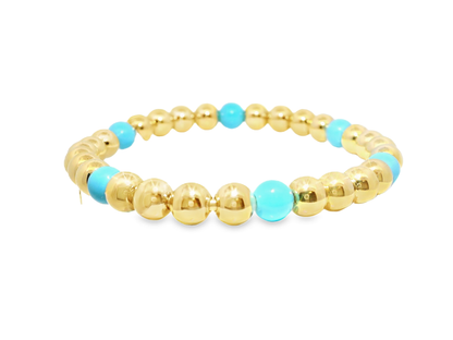 Plain Beaded with Turchese 14k Yellow gold Bangle