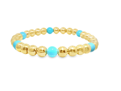 Plain Beaded with Turchese 14k Yellow gold Bangle