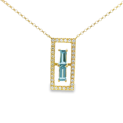 0.23CT Diamond 0.53CT Baguette Blue Topaz Pendant 14k Gold Pendant