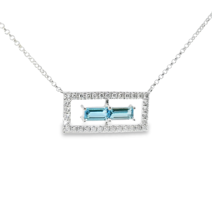 0.23CT Diamond 0.53CT Baguette Blue Topaz Pendant 14k White  Gold