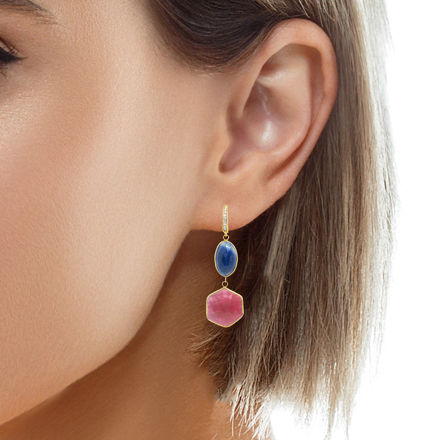 0.20CT Diamond with Pink and Blue Sapphire 14k Yellow Gold Earring